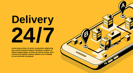 Poster - Delivery service 24 7 vector illustration of logistics shipping tracking technology. Order parcel and car truck on smartphone navigation map in isometric thin line design on black and yellow halftone