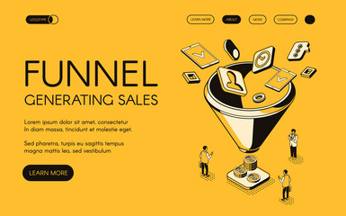 Fototapete - Funnel generating sales vector illustration for digital marketing and e-business technology. Trade and commerce for money profit in isometric black thin line web design on yellow halftone background