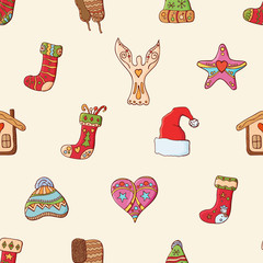 Wall Mural - Seamless festive pattern with traditional Christmas symbols and decoration.