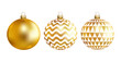 Gold baubles with geometric pattern. Christmas balls set. Toy for fir tree. Vector illustration.