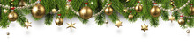 Christmas And New Year Banner With Fir Branches And Gold Christmas Decorations.