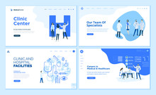 Web Page Design Templates Collection Of Clinic Center, Hospital Facilities, Medical Career, Team Of Doctors. Modern Vector Illustration Concepts For Website And Mobile Website Development. 