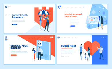 Web page design templates collection of health insurance, medical exam, doctor's choice, cardiology. Modern vector illustration concepts for website and mobile website development. 