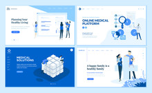 Web Page Design Templates Collection Of Medical Solutions, Online Medical Platform, Healthy Living, Family Medical Protection. Vector Illustration Concepts For Website And Mobile Website Development.
