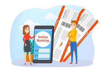 Poster - booking airplane ticket online in the smartphone.