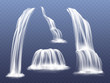 Waterfall or water cascade vector illustration. Isolated realistic set of flowing streams falling down from mountain rocks with splashes and spatters on transparent background