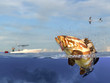 Cathing ocean grouper fish, fisherman in sport fishing boat holding ishing rod, reel  and lure bait 3d render