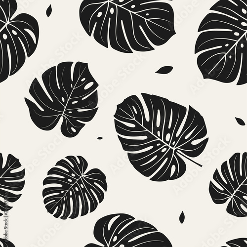 Black And White Seamless Pattern With Monstera Tropical Jungle Plant Big Palm Leaves Floral Black Background Print For Textile Wallpaper And Wrapping Stock Vector Adobe Stock