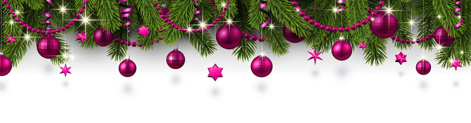 christmas and new year banner with fir branches and pink christmas balls.