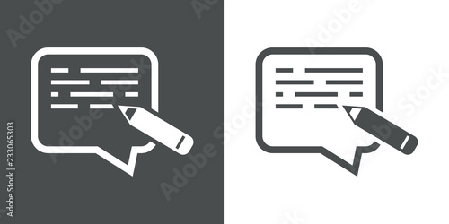 Fotografía Icono plano escribir mensaje en burbuja con texto y lápiz en gris y blanco