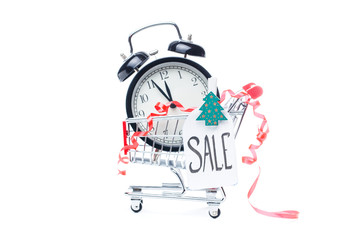 Wall Mural - Picture of trolley with gold alarm clock, Christmas tree, greeting card, ribbon