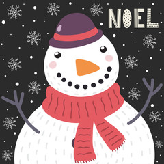 Wall Mural - Christmas card with a cute snowman in the snow and the text Noel. Holiday background. Vector illustration