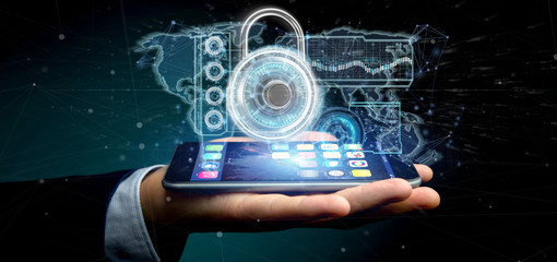 Poster - Man holding a padlock security technology interface 3d rendering