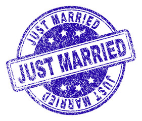 Wall Mural - JUST MARRIED stamp seal watermark with grunge texture. Designed with rounded rectangles and circles. Blue vector rubber print of JUST MARRIED tag with unclean texture.