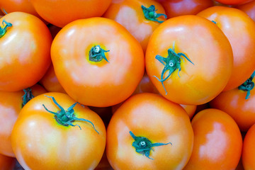 Close-up group of fresh tomato on fresh market, tomato are the result of many types of cooking, it also has many vitamins, mineral, antioxidants to prevent disease. it also help to moisturize the skin