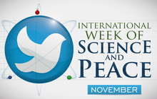 Button With Dove And Atom For Peace And Science Week, Vector Illustration