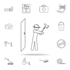 Poster - fireman breaks the door with an ax icon. Fireman icons universal set for web and mobile