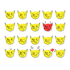 Twenty picture set of cute pig face. Hand drawn vector illustration for symbol chinese new year 2019. Personal emotion appearance image of smile funny boar