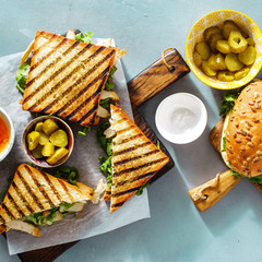 Wall Mural - Top view different snacks Grilled sandwich Outdoor food