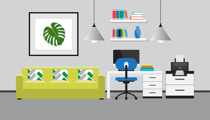 Flat design of modern workspace, Home office and a living room interior, vector illustration