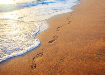 Wall Mural - beach, wave and footprints at sunset time