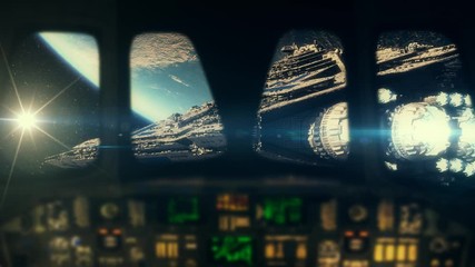 Wall Mural - Inside a spacecraft flying towards the mothership in 4K