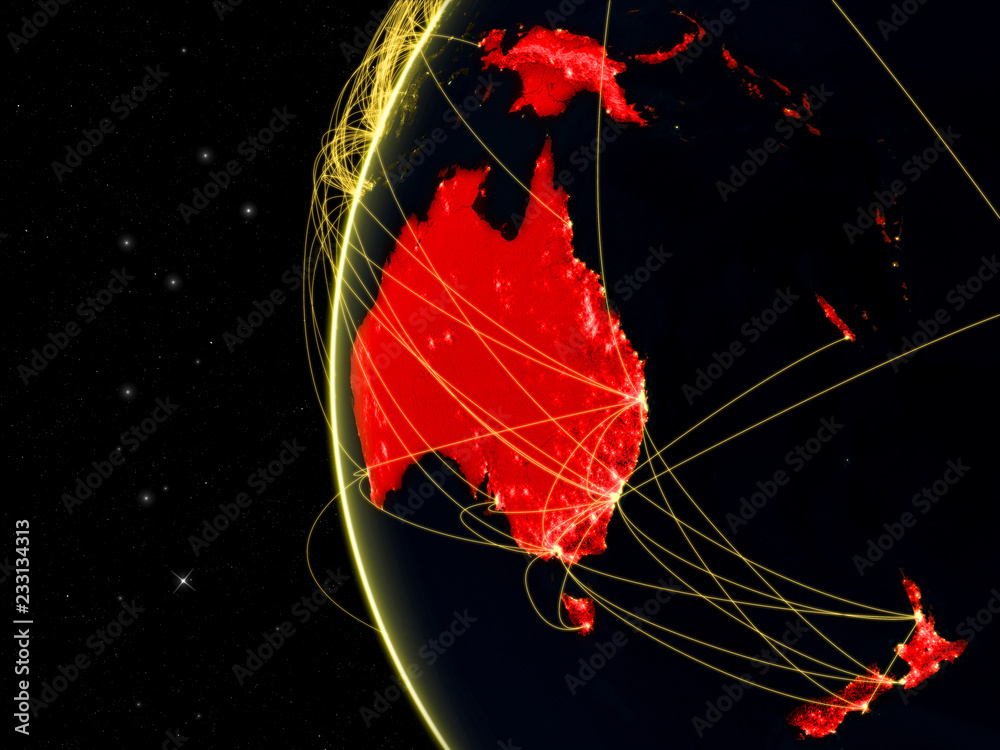 Australia on dark Earth with network representing telecommunications, internet or intercontinental air traffic. - obrazy, fototapety, plakaty 