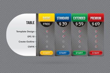 Wall Mural - Vector of pricing table design template transparent background for website and application.