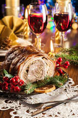 Traditional italian porchetta on festive table