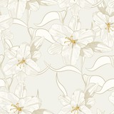 Fototapeta Zwierzęta - Beautiful monochrome,  sepia outline seamless pattern with lilies and leaves. Hand-drawn contour lines. Design greeting card and invitation.