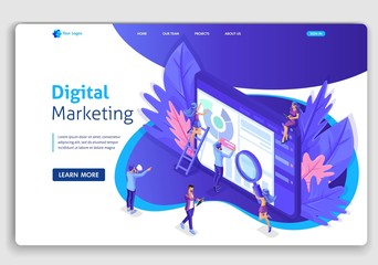 Poster - Landing page Isometric team of specialists working on digital marketing strategy landing page. Digital marketing. Easy to edit and customize