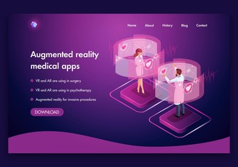 Poster - website template design. isometric medical concept of the work of doctors augmented reality concept.