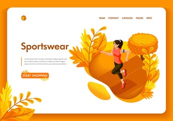 Poster - website template design. isometric concept autumn girl running in the park. sportswear and equipment