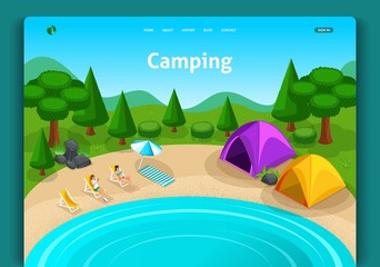 Poster - website template design. isometric concept adventures, travel and eco tourism concept. touristic cam