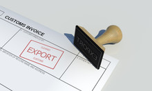 Export Cleared Approval Stamp Of Customs Clearance Border Control Service On Customs Invoice Paper With Wooden Stamper Isolated On Table Surface Government Border Protection Wide Scene Background