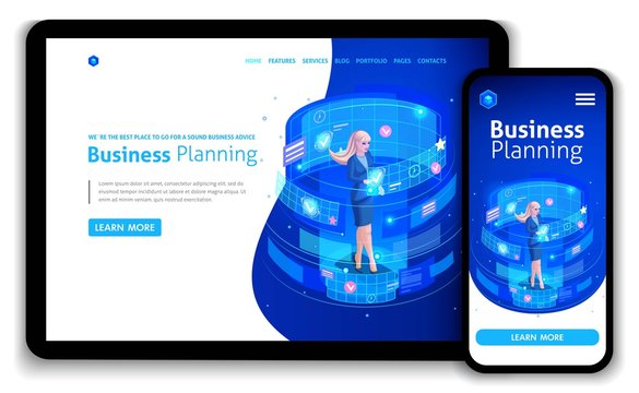 Business website template design. Isometric concept businessmen work, Augmented reality, time management, business planning. Easy to edit and customize, Responsive