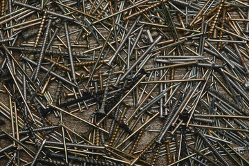 Wall Mural - Top view of nails tools on dark wooden table