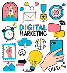 Wall Mural - Hand drawn set of digital marketing symbols illustration