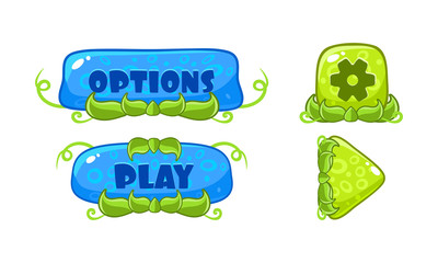 Poster - Cute green and blue glossy buttons with nature elements set, user interface assets for mobile apps or video games vector Illustration on a white background