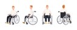 Cute happy young man in wheelchair isolated on white background. Smiling male character with physical disability or impairment. Front, side, back views. Vector illustration in flat cartoon style.