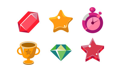 Poster - Colorful bright jelly shapes set, crystal, winner cup, diamond, alarm clock, star, user interface assets for mobile apps or video games vector Illustration on a white background