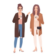 Wall Mural - Pair of two young pretty smiling women standing together, drinking coffee and talking. Friendly meeting of two girlfriends. Cute female characters. Colorful vector illustration in flat cartoon style.