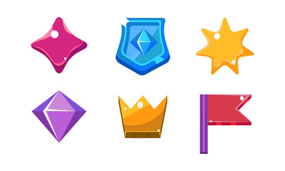 Poster - Colorful bright jelly shapes set, crystal, shield, crown, star, flag, user interface assets for mobile apps or video games vector Illustration on a white background