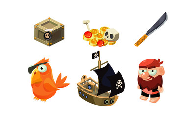 Poster - Pirate game elements set, chest, gold, saber, parrot, ship, user interface assets for mobile apps or video games vector Illustration
