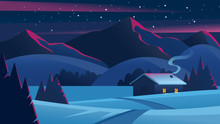 Christmas Night Landscape With Mountains And A Lonely Hut. Christmas Eve Landscape. Сozy House In Winter Forest. Vector Of Winter Landscape.