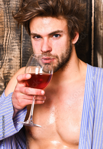Drink Wine And Relax Guy Attractive Relaxing With Alcohol Drink