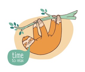 Poster - Funny happy sloth hanging from branch. Cute lazy wild exotic animal relaxing on tropical tree. Adorable cartoon character isolated on white background. Colorful hand drawn vector illustration.