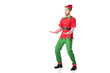 © LIGHTFIELD STUDIOS - cheerful man in christmas elf costume outstreching hands in excitement isolated on white