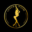 Gold logo for Dance studio, Pole dance, stripper club. Silhouette pole dance on a black background. Pole dance exotic vector illustration. Vector illustration for logotype, icon, banner