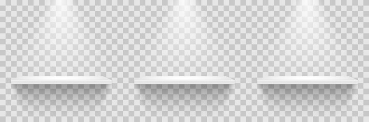 Empty white shelves row isolated on transparent background. Vector design element.
